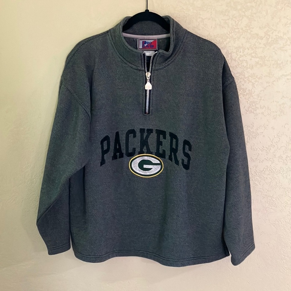PRO PLAYER LG MENS FLEECE LINED PACKER QUARTER ZIP GRAY GREEN & BLACK JERSEY